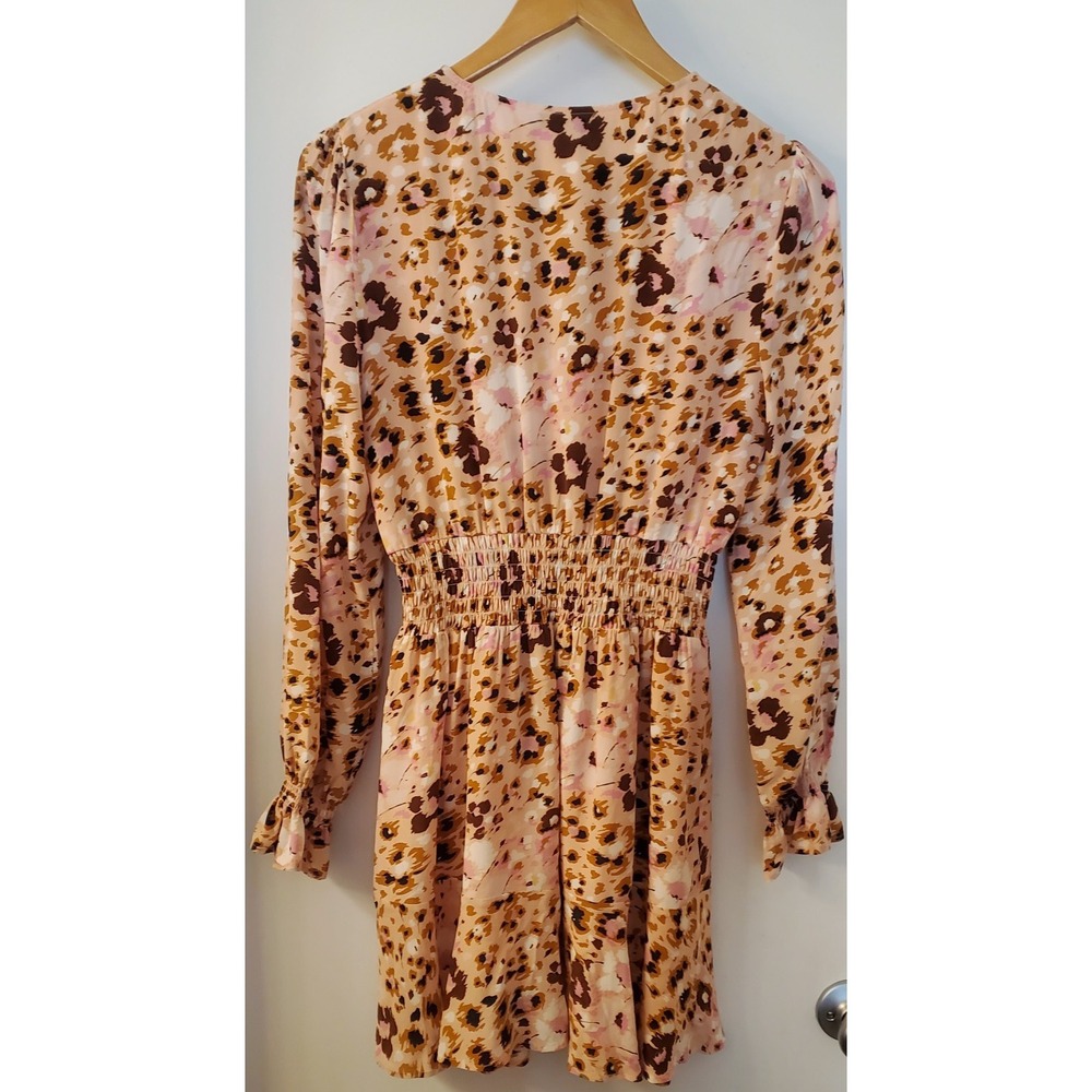 PAIGE Dress S Cheetah Print Blush/Brown/Pink Long Sleeve Gathered Waist Lined - Picture 5 of 10